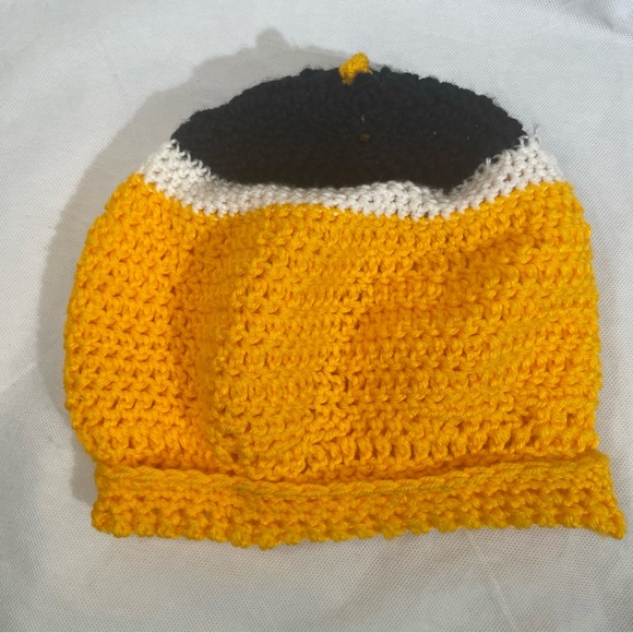 Handmade Hand Crocheted Color Block Strata Striped Beanie Hat Yellow Black OSFM - Picture 8 of 8